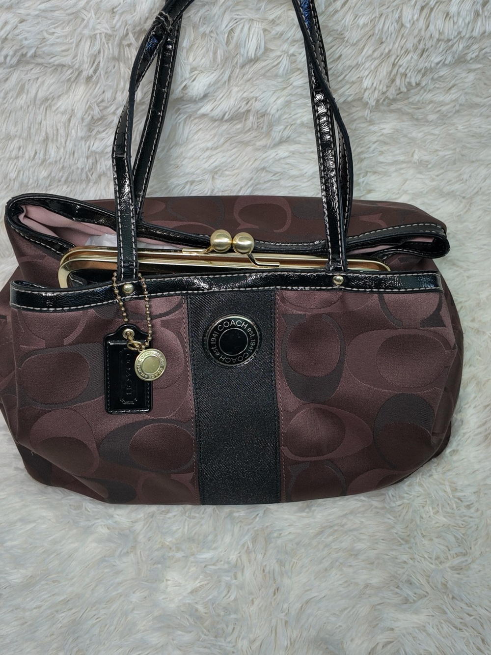 Coach Brown Signature Kiss-Lock Satchel with Black Trim